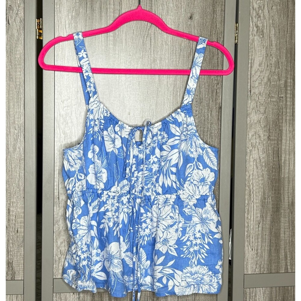 C&C Linen Tank Top Babydoll Blue White Floral Size L